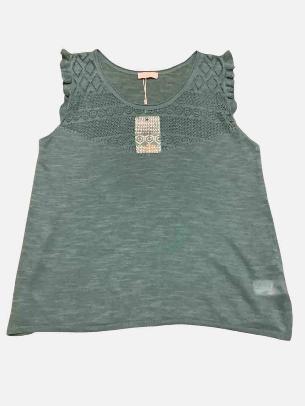 Yerse Linen Blend Knit Top Ruffle Sleeve Lace Detail Teal Size L NWT - Picture 6 of 12